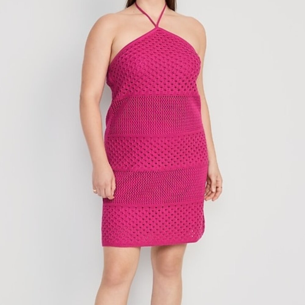 OLD NAVY Crochet Knit Halter Tie Neck Strap Cotton Mini Dress Size XL